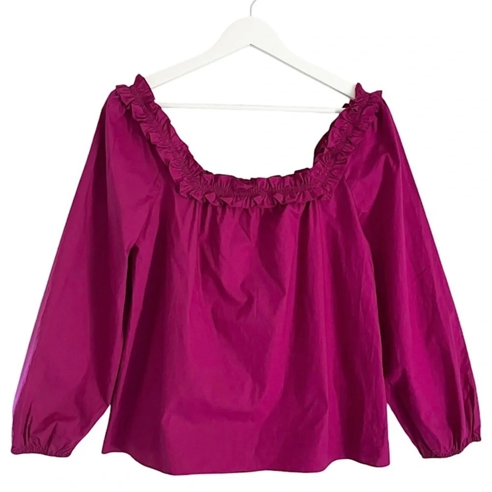 NWT J. Crew Women’s Ruffle Penny Peasant Top Square Neck Magenta Pink Size Small